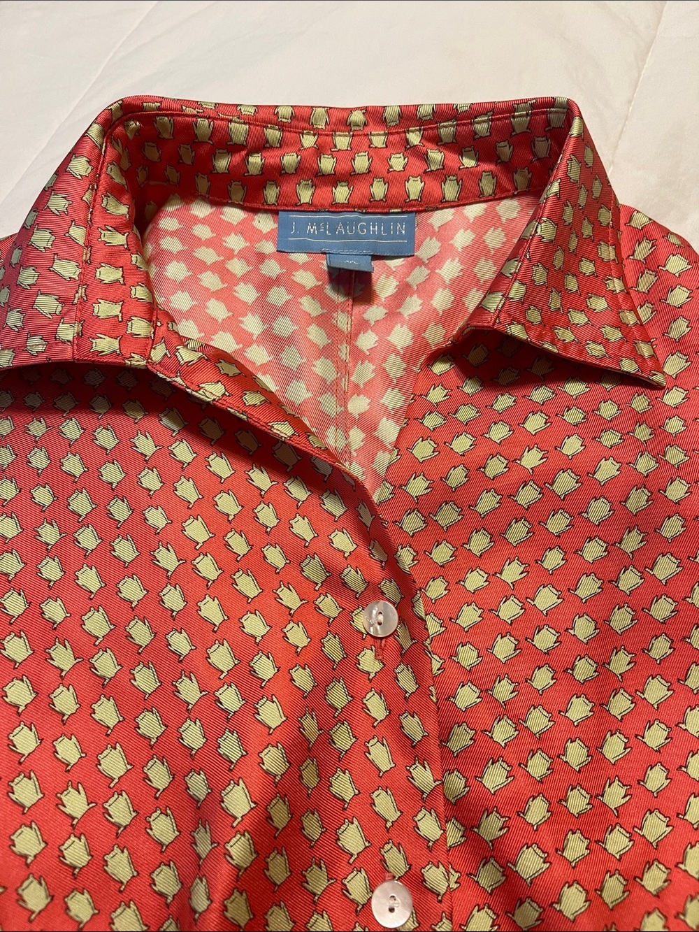 J. McLaughlin Coral Red Printed Button-Front Shirt